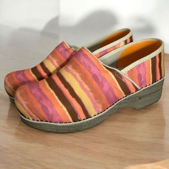 Dansko Clogs Womens 10 Canvas Pink Orange Brown Tan Striped Sunset Slip On EU-40 - Picture 1 of 12